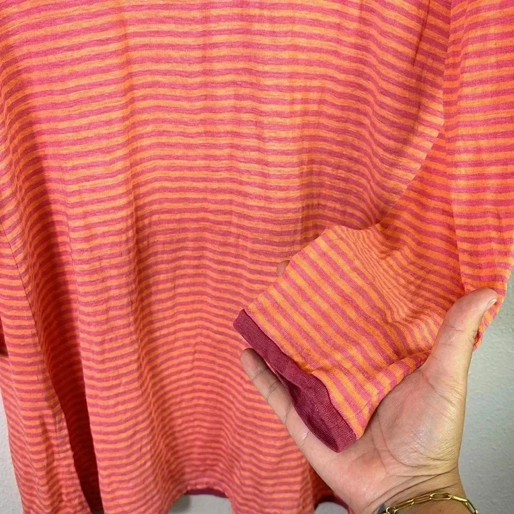 Eileen Fisher 100% Linen Jersey Stripe Tee orange pink Tunic Top size XL